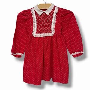 Vintage Polly Flinders Toddler Girls Dress Red Floral Smocked White Collar Sz 4